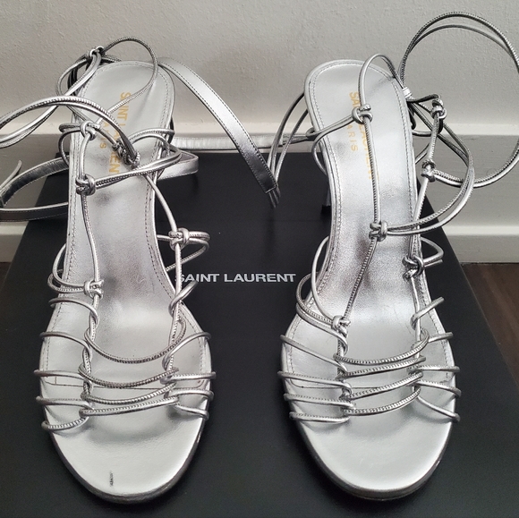 NIB SAINT LAURENT Robin 85 Metallic Argento Strappy High Heel Sandals sz 37 - Picture 8 of 12